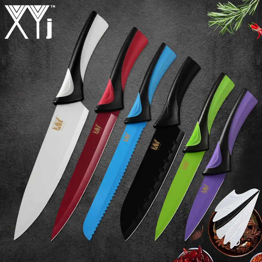B.6pcs set XYj, 8 шт., нержавеющая сталь, разноцветный набор ножей, точилка, 8 дюймов, Держатель ножей, шеф-повар, сантоку, нож для нарезки хлеба, нож для очистки овощей - Цвет: B.6pcs set