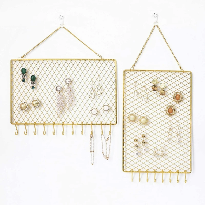 

E56A Durable Rectangle Hanging Earring Stud Wall Mounted Jewelry Organizer Decorative Diamond Grid Shape Hooks for Necklaces