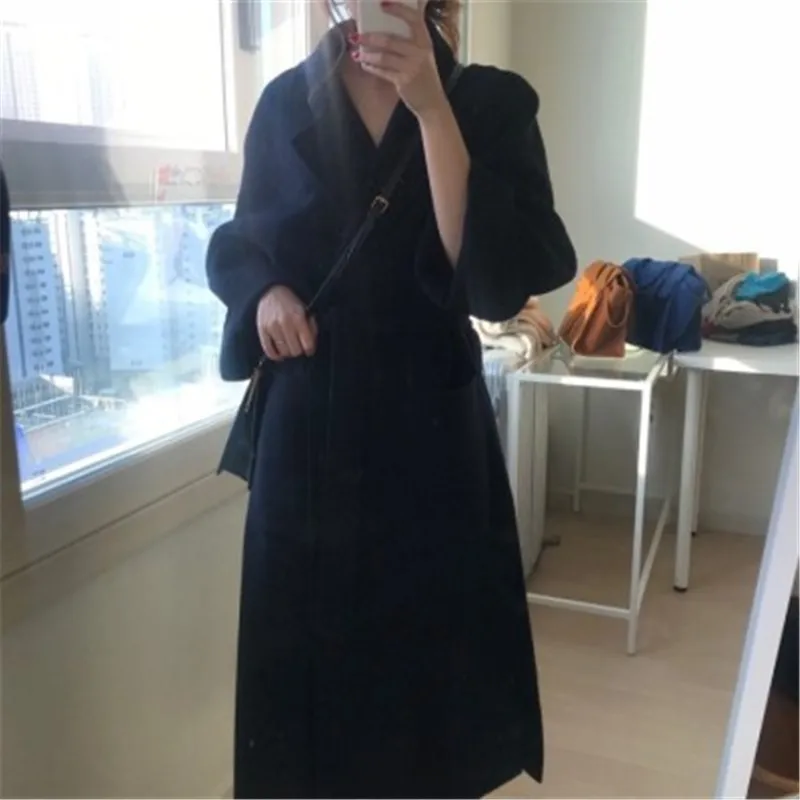 

CBAFU yellow women winter wool overcoat long bandage woolen coat long sleeve loose cardigans outwear pocket cashmere jacket F721