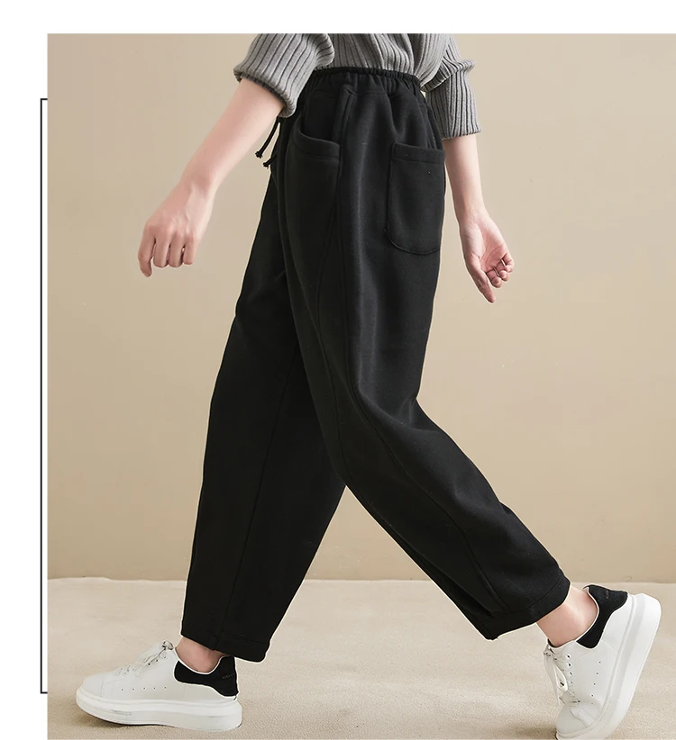 Winter New Trendy Warm Fleece Thick Oversize Loose Casual Trouser Women Solid Color Elastic Waist Versatile Premium Sweatpants