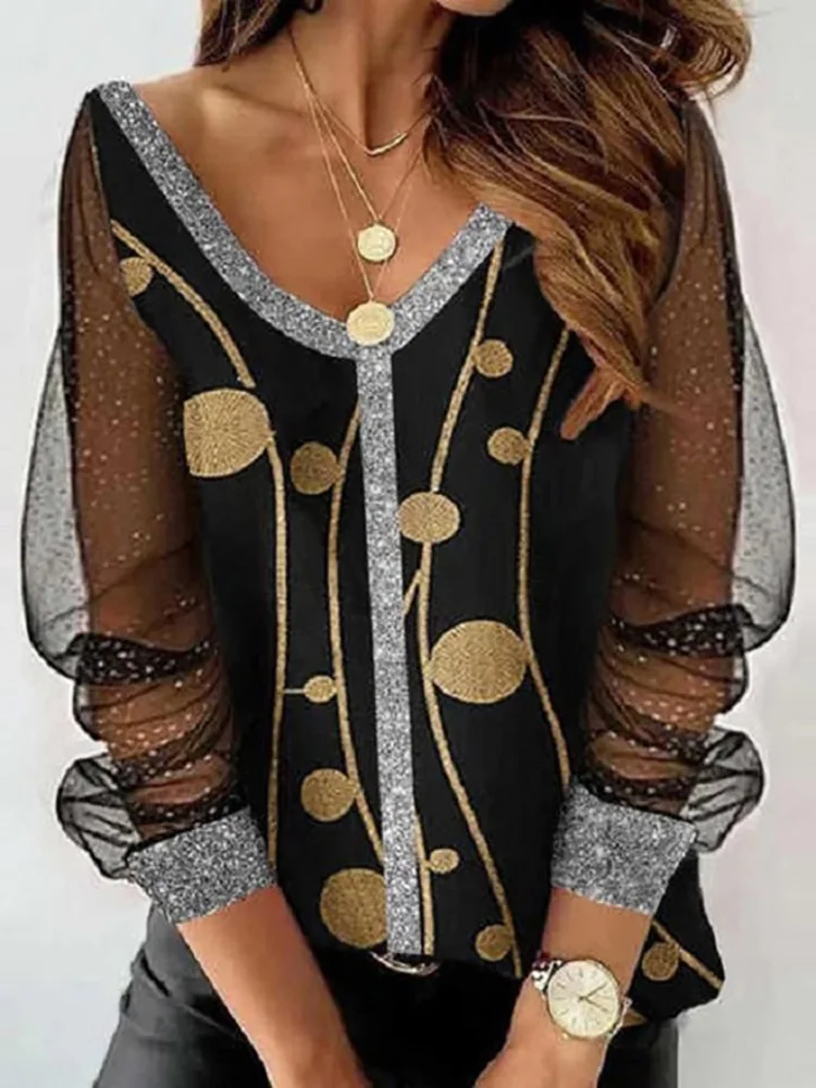 

Elegant Deep V Neck Office Lady Shirt Blusa 2022 Women‘s Vintage Printed Chic Blouse Gauze Patchwork Long Sleeve Pullovers Tops
