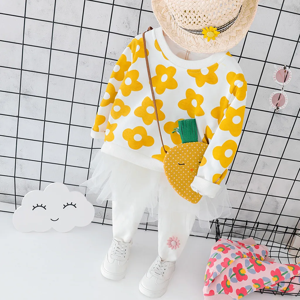 Детский осенний комплект одежды для девочек свитшот с цветочным принтом и штаны