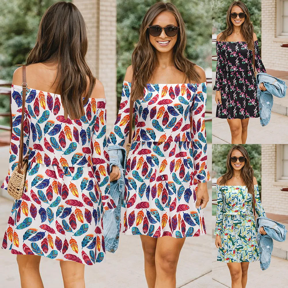 

Summer Sexy Floral Dress Slim Knit Plus Size Dress Slash Neck Office Lady Dress