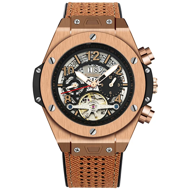 Leather 1 KIMSDUN настоящие турбийон автоматические механические часы мужские кожаные водонепроницаемые светящиеся бизнес модные спортивные мужские часы - Цвет: Leather 1