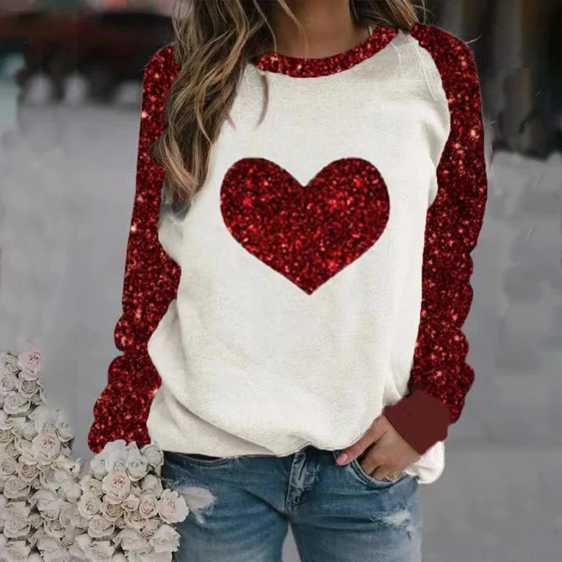 

2021 Spring Solid Color Crew Neck Love Heart Women Tops Valentine's Day Elegant Patchwork Long Sleeve Pullover Loose Streewear