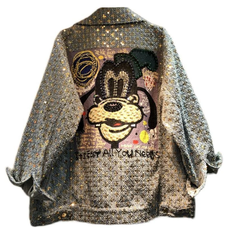 

Women Spring Cartoon Print Diamonds Denim Coats and Jackets BF Loose Oversize Sequins Jean Jacket Street Style Clothes
