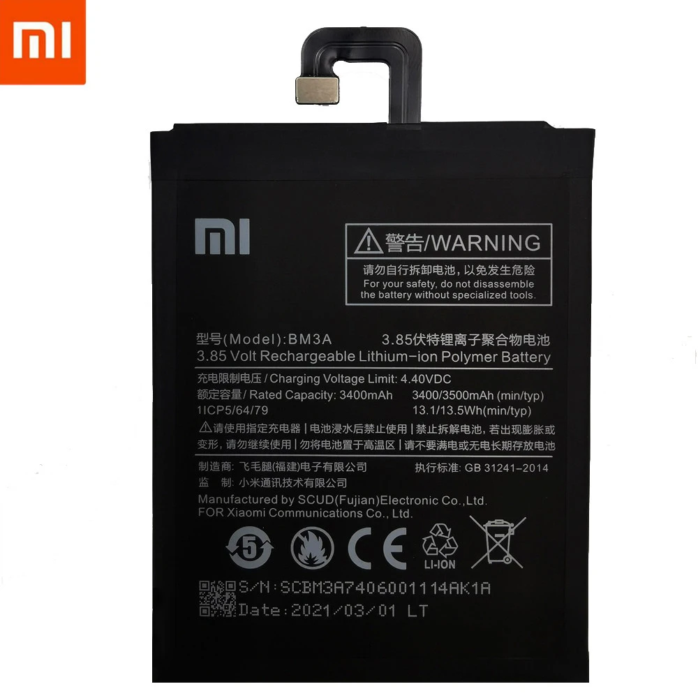 Xiao Mi Оригинальная батарея для телефона BM3A Xiaomi Note 3 сменная 3400 мАч аккумулятор