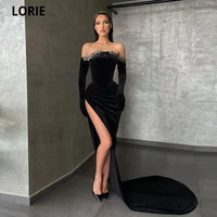 lorie black high side split evening dresses strapless crystals long sleeves shiny beads formal prom gowns train robes de soir%c3%a9e
