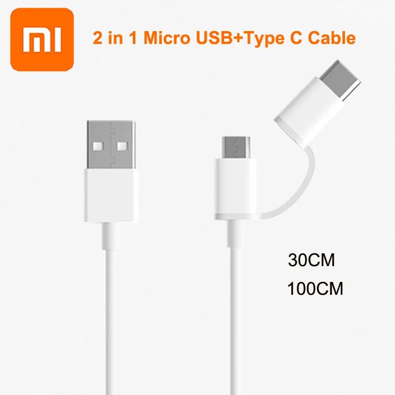 

Original Xiaomi Mi Fast Charger Cable 2in1 Micro USB + USB Type-C Quick Charge Cable For Redmi 8T 8A Note 7 8 Pro Mi 10 9 Pro A3