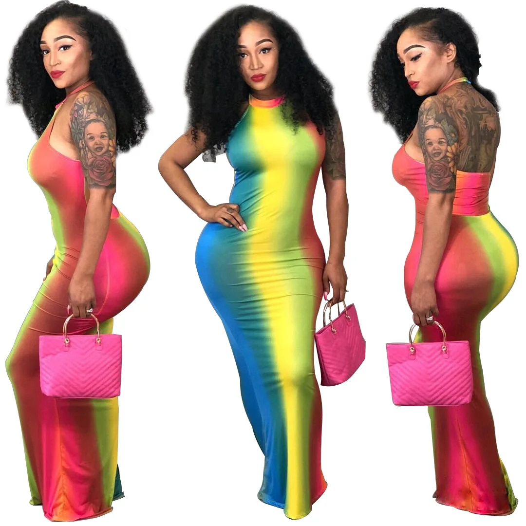 

MCK-A434 Women Dress Summer Tie Dye Halter Neck Backless Color Block Elegant Skinny Bodycon Long Maxi Floor Length