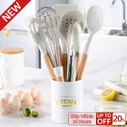 cucina для кухни кухонные аксессуары Набор силиконовых кухонных принадлежностей, антипригарная лопатка, ложка для супа, прищепка для баклажанов, деревянная ручка, контейнер для хранения, кухонный инструмент