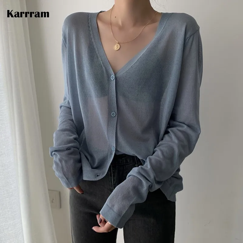 

Женский укороченный Кардиган с длинным рукавом, тонкий вязаный кардиган из вискозы с V-образным вырезом, Солнцезащитная кофта в Корейском с...