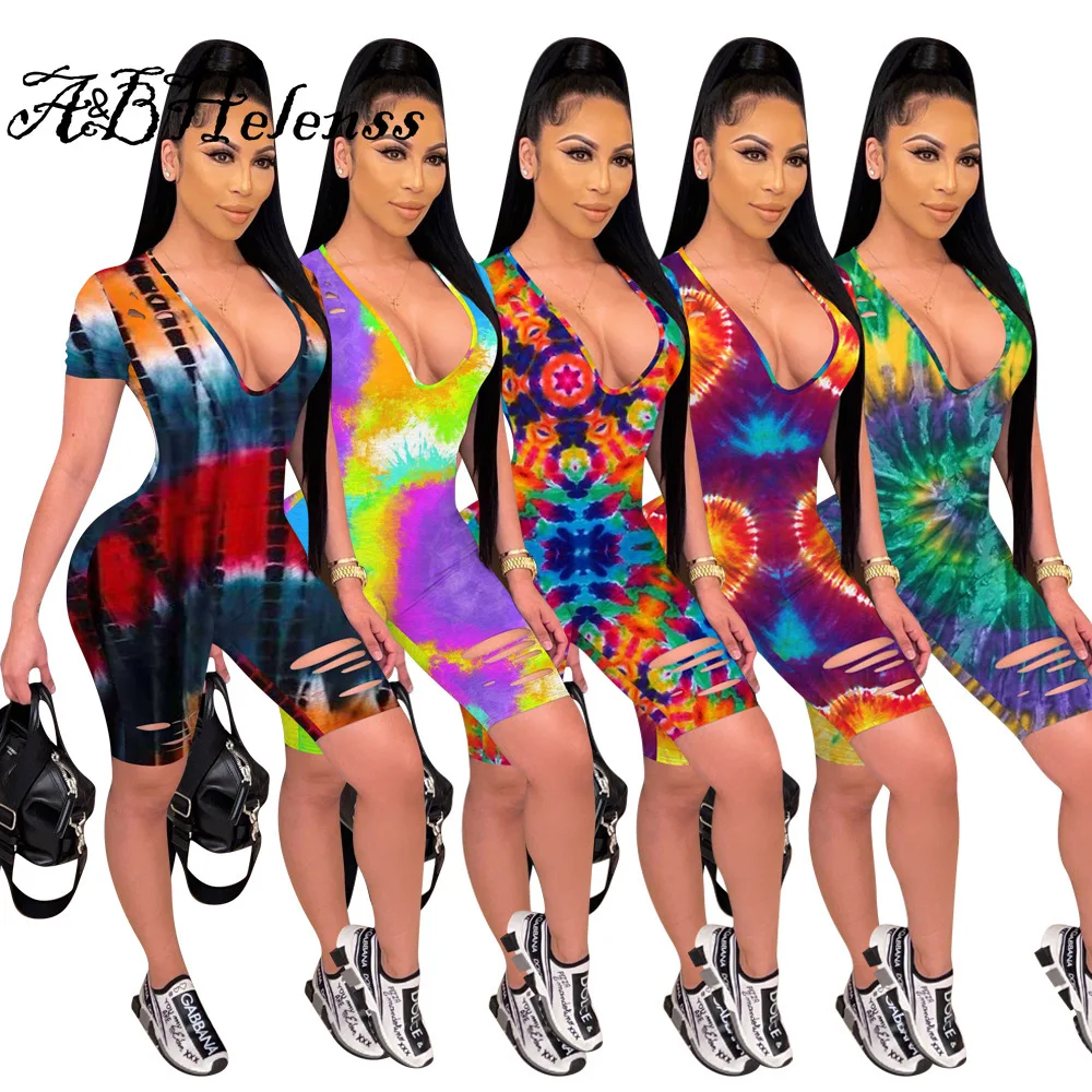 

A&BHelenss Summer 2021 Tie Dye Gradient Print V Neck Bodycon Jumpsuit Women's Fitness Active Romper Hole Sexy One Piece Overalls