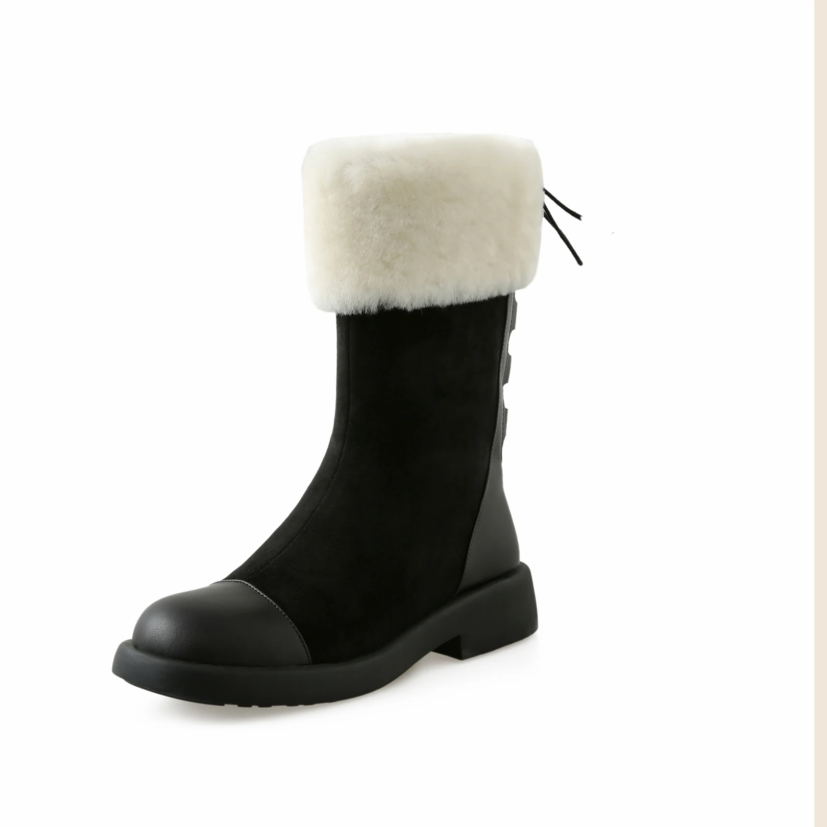 

Ankle 2021 New Short British Style Women's Genuine Leather Cross-tied Med Round Toe Heels Lace-up Footwear Handmade Black Fur