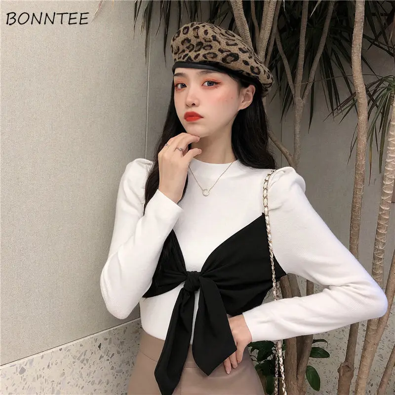 

Футболки женские модные в стиле пэчворк популярный дизайн с бантом красивые универсальные нежные стильные в Корейском стиле удобные осенн...