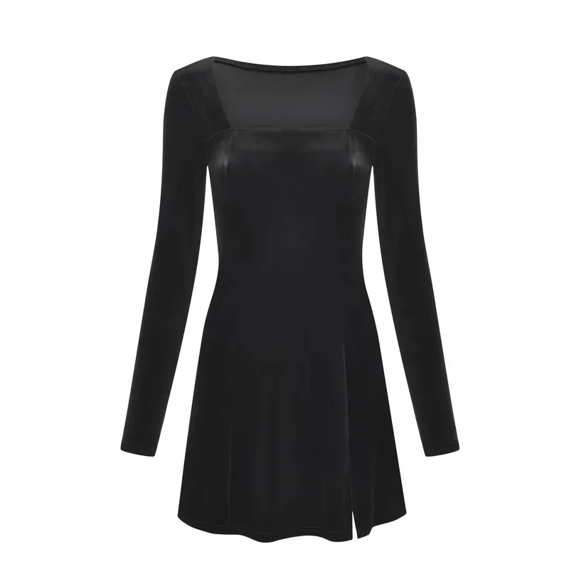 

European and American Retro Square Neck Show Thin High Quality Velvet Long Sleeve Split Dress