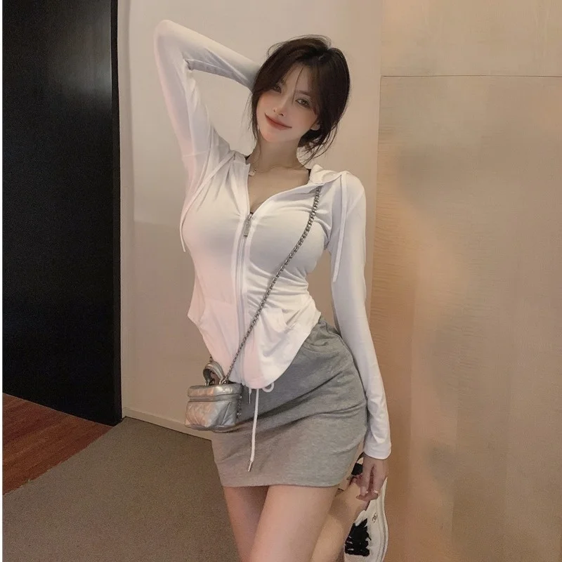 

White T-shirt Women's Slim-Fit Slimming Pure Desire Style Long Sleeve Hooded Jacket Early Autumn Super Popular Korean Style