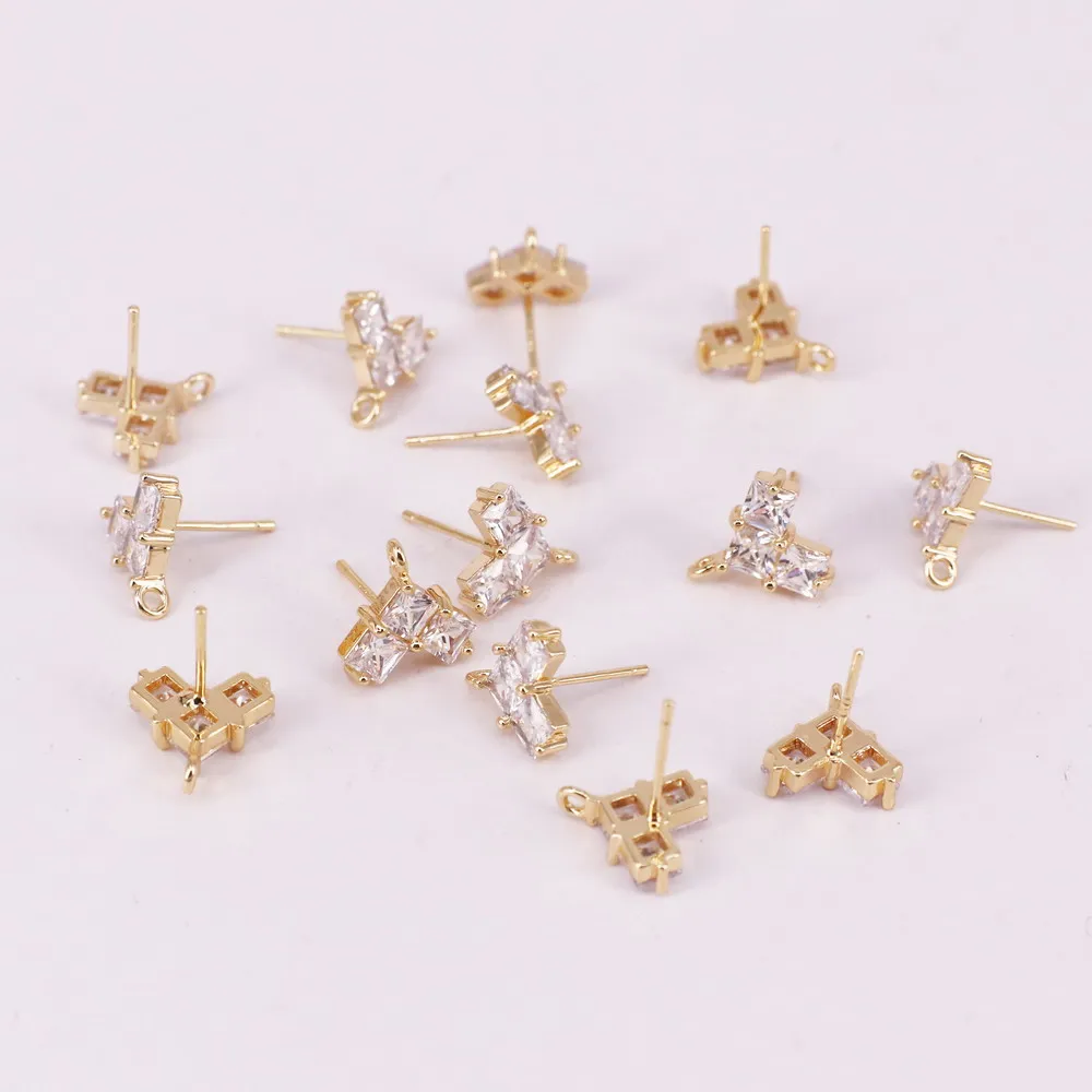 

brass heart ear stud fittings with cz silver pin allergy free high quality gold plated DIY jewelry accessory