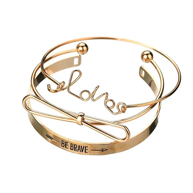 Простой модный браслет с бантом и надписью Love Brave Arrow позолоченный серебристый