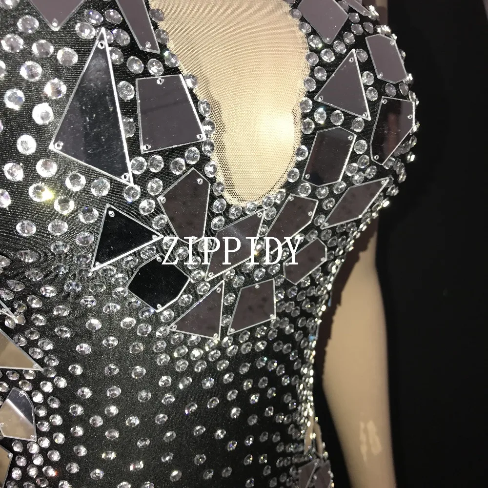 Flashing Silver Mirrors Rhinestones Dress Birthday Celebrate Black Shining Stage Latin DRESS Evening Bar Singer Dancer Show Outfit