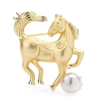 wulibaby gold color walking pearl horse brooch pins women jewelry accessory gift 2022 enamel animal luxury pins