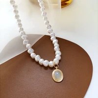 french fashion sweet irregular girls strand pearl necklace oval jade pendant neck chain collarbone chain for women jewelry 1850