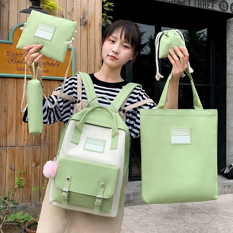 

5 Pcs Sets High School Backpack For Girls Women Canvas Schoolbags Children Shoulder Bags Female Backpack Fashion Women Backpack