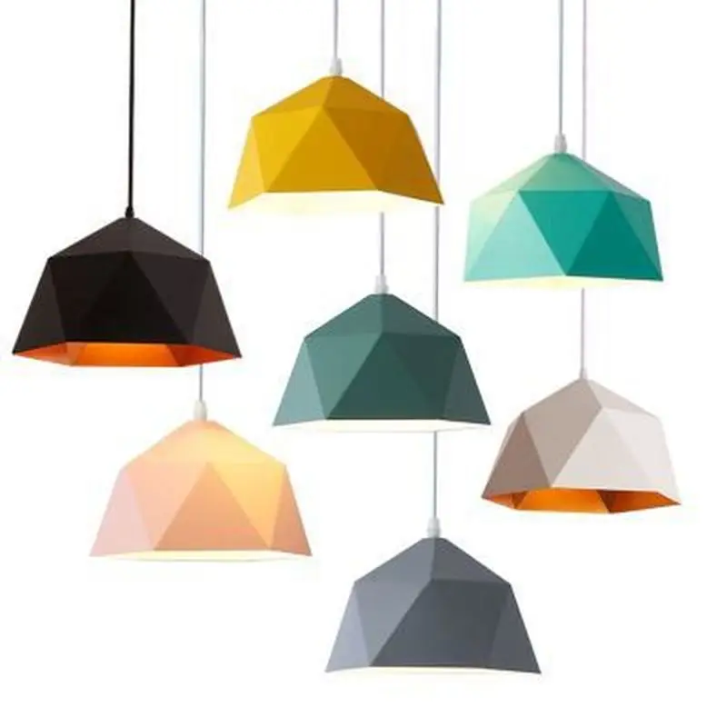 

Nordic iron Macarons Pendant Lights single-headed polygonal diamond E27 personalized restaurant home decor lamps lighting 25cm