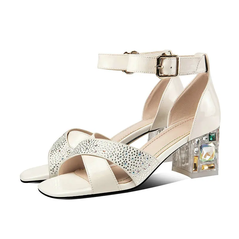 

ESVEVA 2021 Square High Heel Hollow Sandals Summer Fashion Buckle Ladies Pumps Leather Transparent Women Shoes Size 34-42