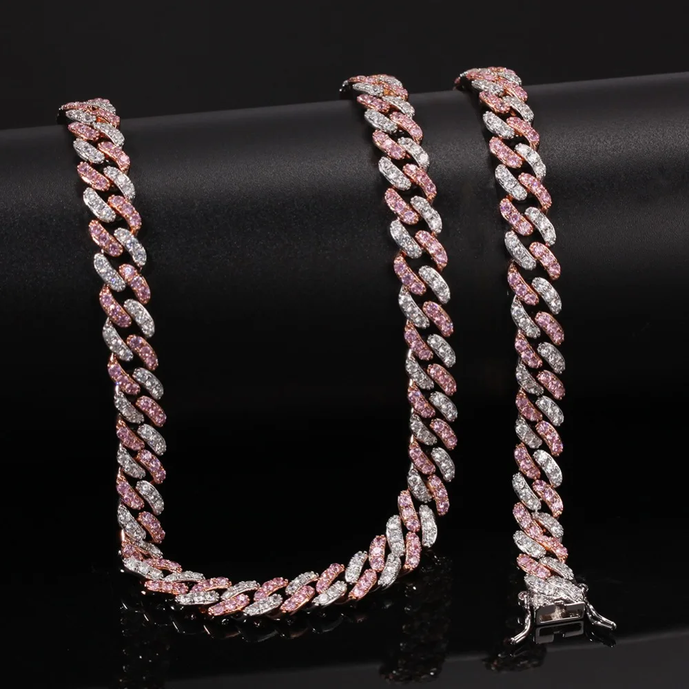 Хип хоп розовый AAA кубическая циркониевая подвеска Bling Iced Out кубинские Короткие Ожерелья Роскошные CZ камень звено цепи мужские украшения-браслеты