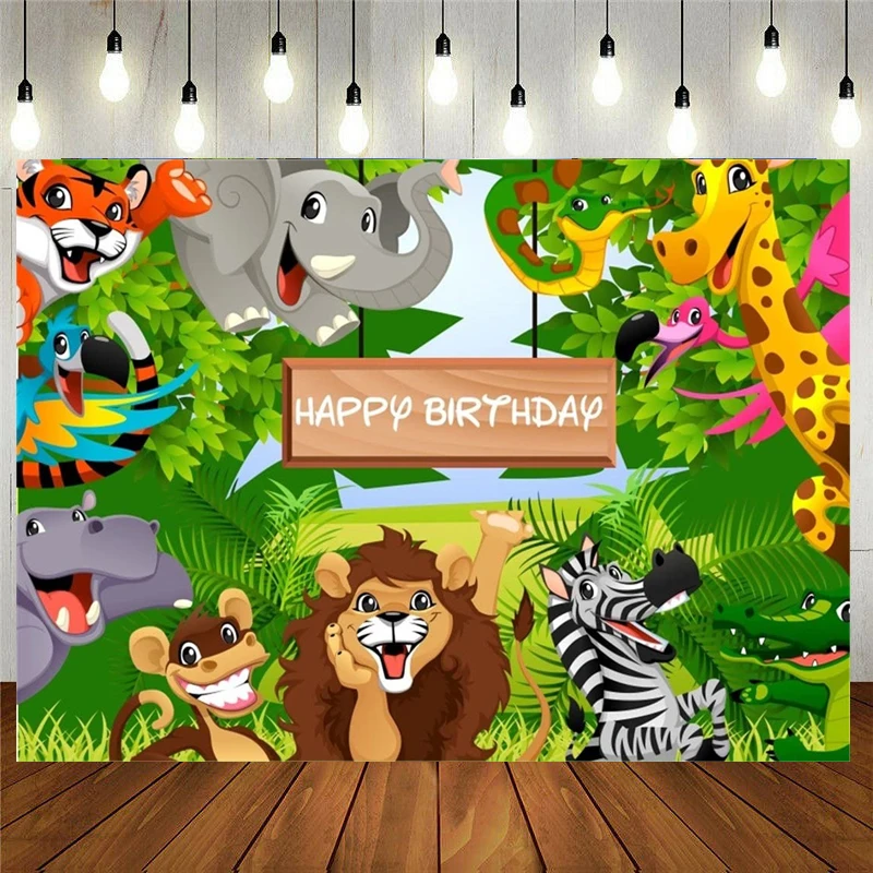 

Cartoon Safari Animals Backdrop Happy Birthday Photography Background Fauna Jungle Wildlife Zoo Girl Boy Child Kid Party