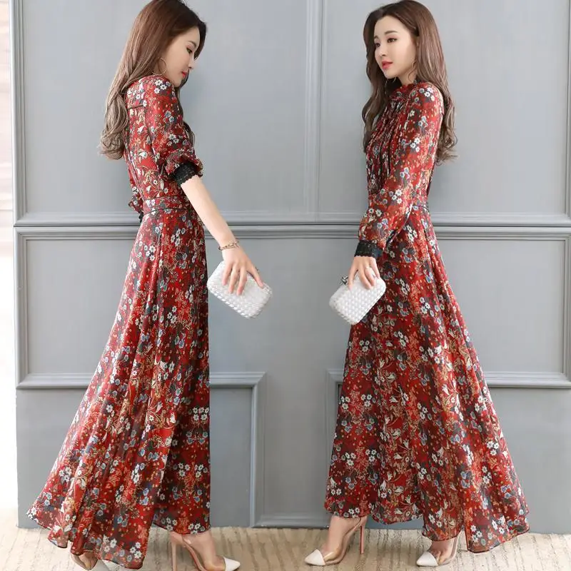 

Autumn dress women 2020 new women's dress Korean style temperament slim floral skirt long sleeve long skirt Chiffon Dress