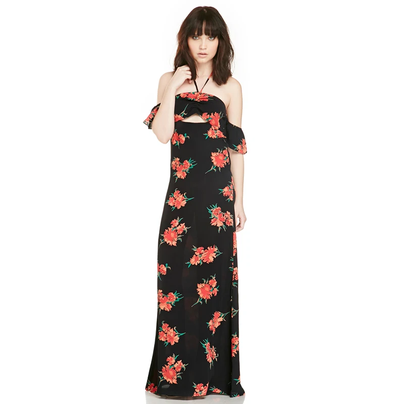 

Elegant Floral Print Flounce One Line Collar with Leaky Shoulder Neck Open Back Mop Dress