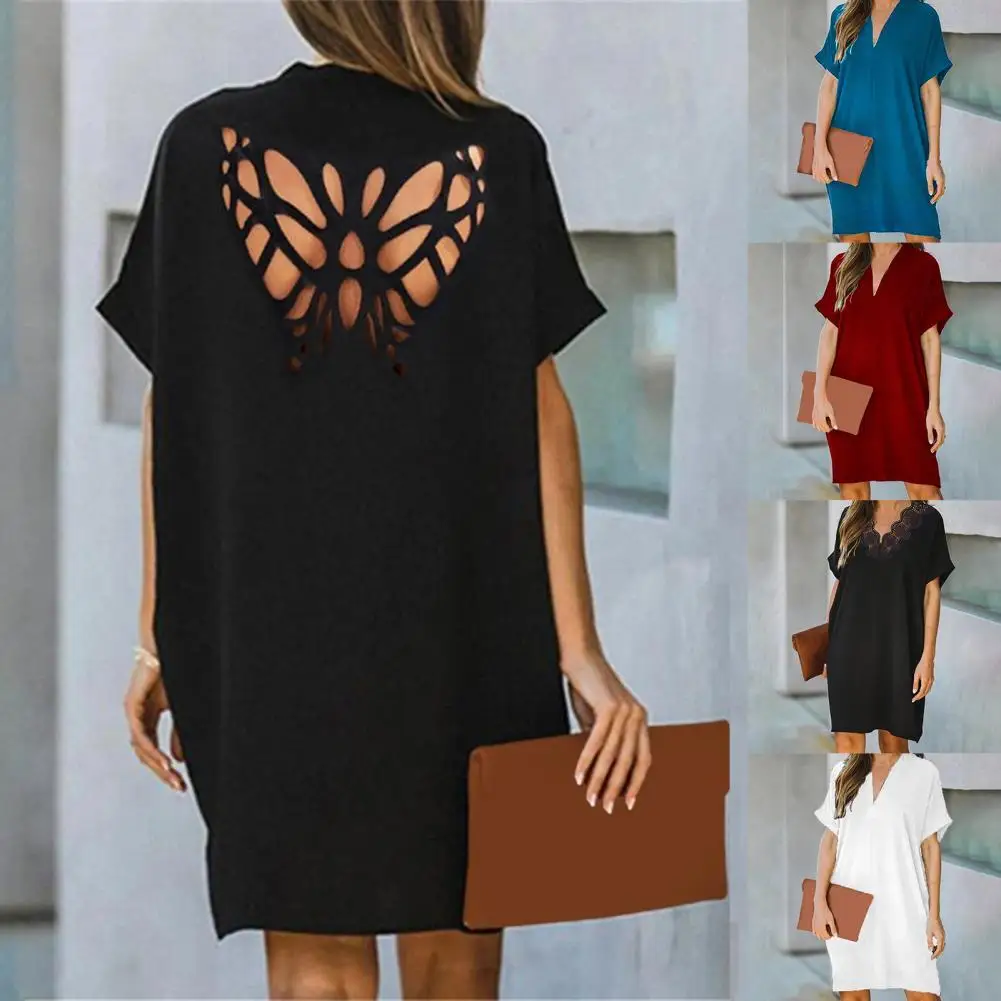 

Sexy Backless Dress Butterfly Design Hollow Out Dresses Women V-neck Office Lady Dress Spring Summer Short Sleeve Party Dresses
