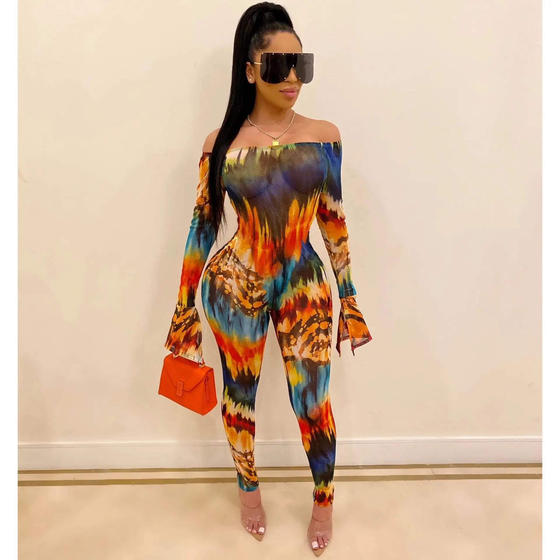 Красочные Tie Dye сексуальные комбинезоны женский комбинезон с открытыми плечами без спинки цельный комбинезон осень Слэш шеи с длинным рукавом Облегающий комбинезон для вечеринок