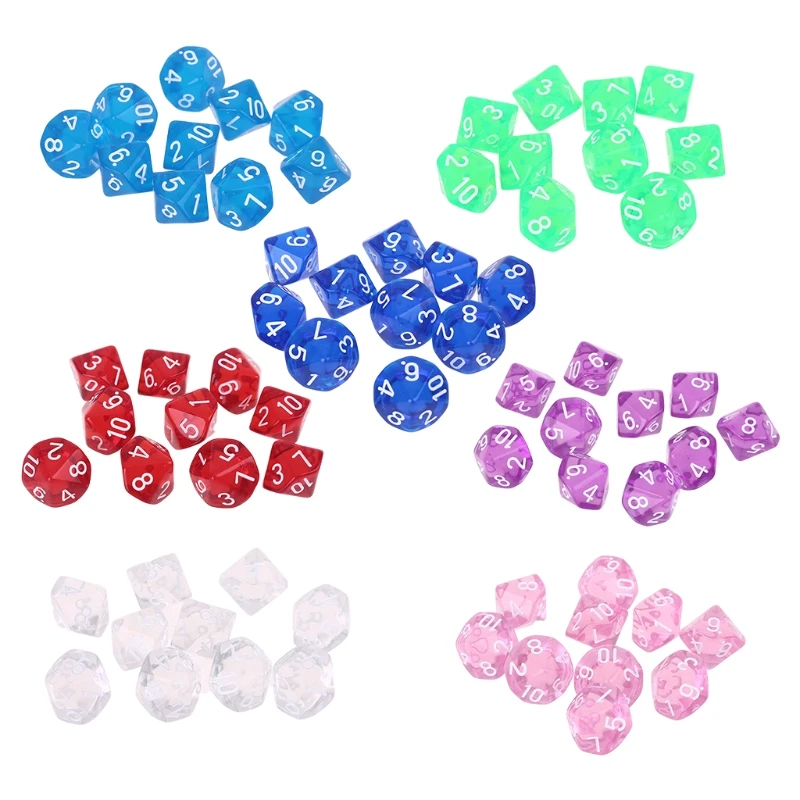 

10pcs/set Acrylic Polyhedral Dice Transparent Colors 10 Sided Dices Table Game