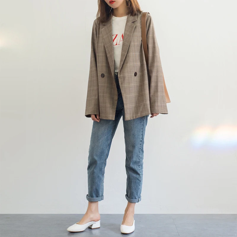 Женский коричневый клетчатый пиджак новинка 2020 Модный женский офисный костюм