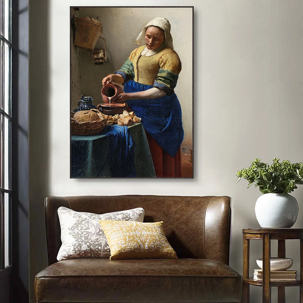 

The Milkmaid By Johannes Vermeer Woman Oil Canvas Painting Famous Posters and Prints Cuadros HD Wall Art Picture for Living Room