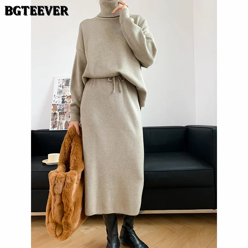 

Элегантный женский свитер BGTEEVER, водолазка, пуловеры и эластичная талия, Женский вязаный комплект, Осень-зима