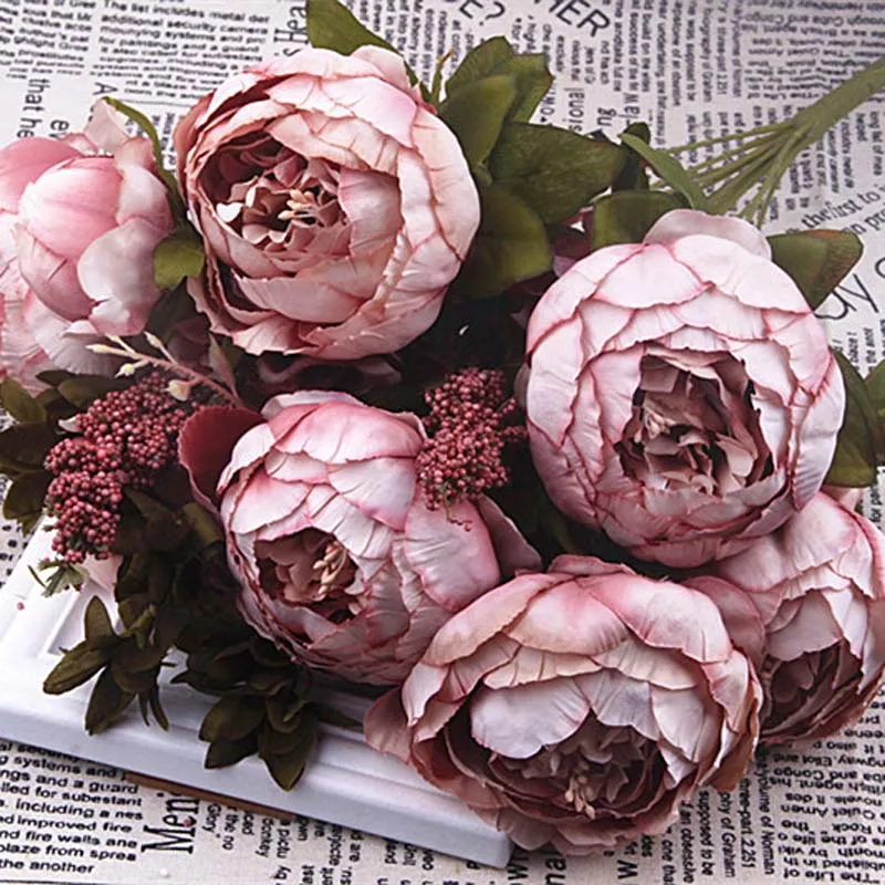 

The Peonies Bouquet=6 Flowers of 10CM Head + 2 Flowers of 5CM +Grass+Hydrangeas,45CM Fake Peony Artificial Silk Roses Flowers