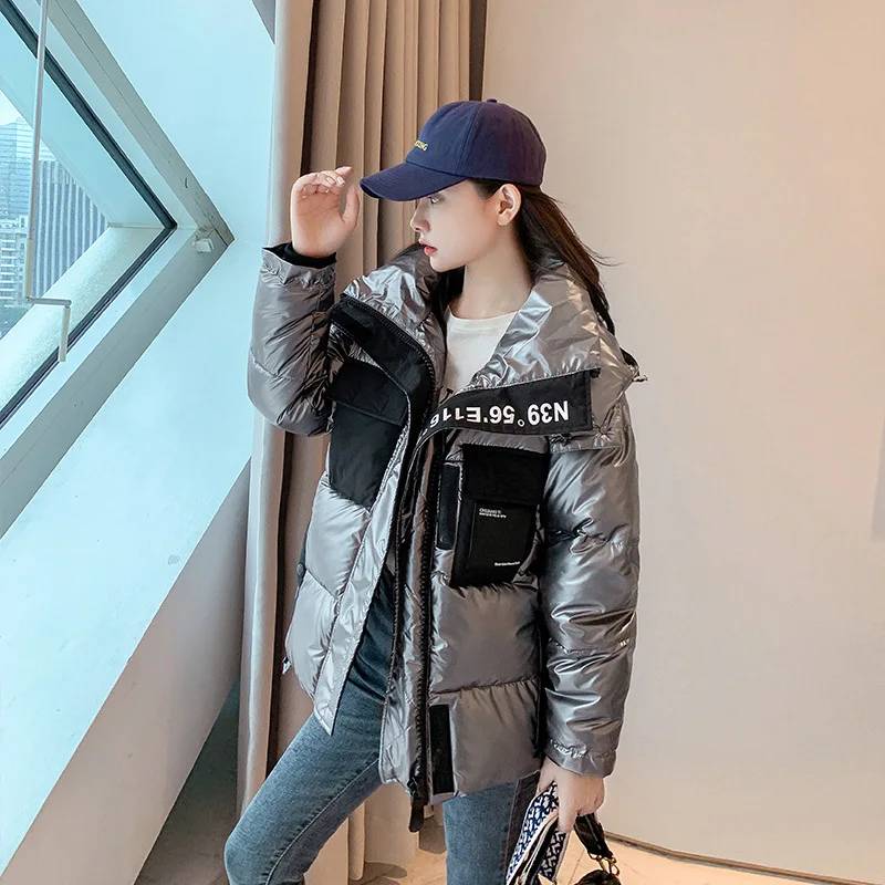 

2020 Winter European Bright Down Cotton Hooded Parka Coat Female Placket Color Matching Hooded Letters Loose Trend Bread Coat