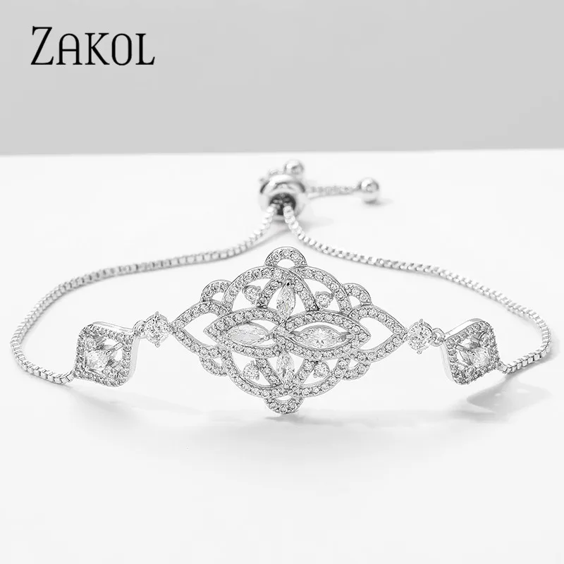 

ZAKOL Luxury CN White Stone AAA Cubic Zirconia Big Bracelets for Women Adjustable Drawstring Bracelet Jewelry FSBP2151