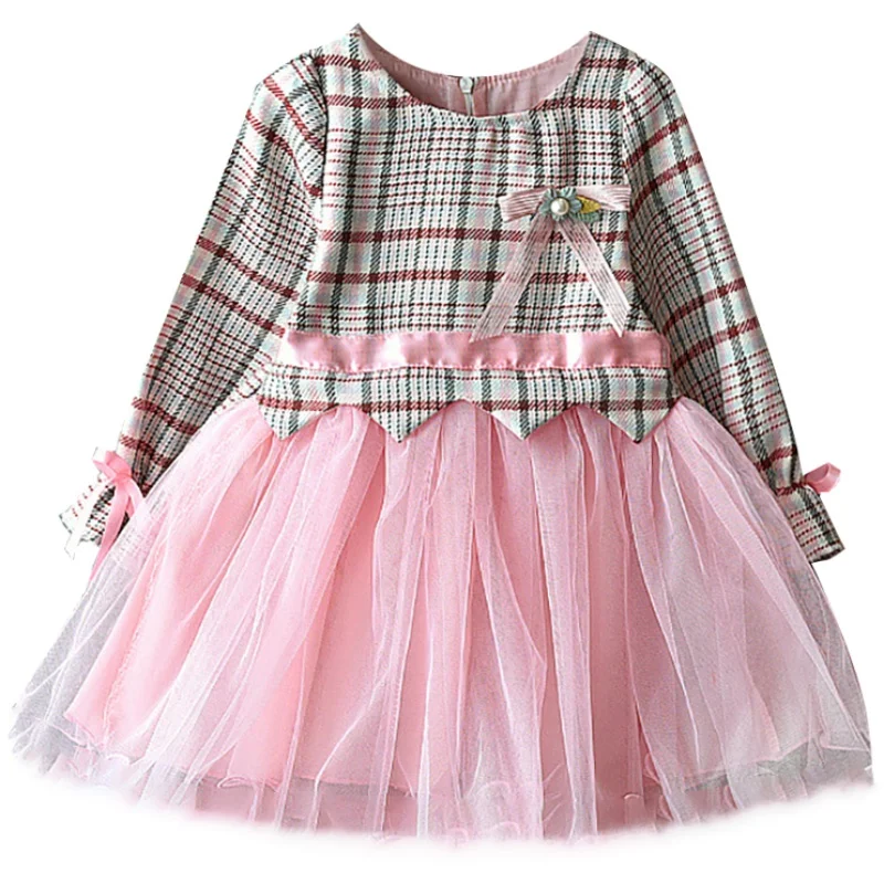 

2-8T Autumn Casual Baby Girls Plaid Pattern Long Sleeve Patchwork Mesh Dress Kids Sundress
