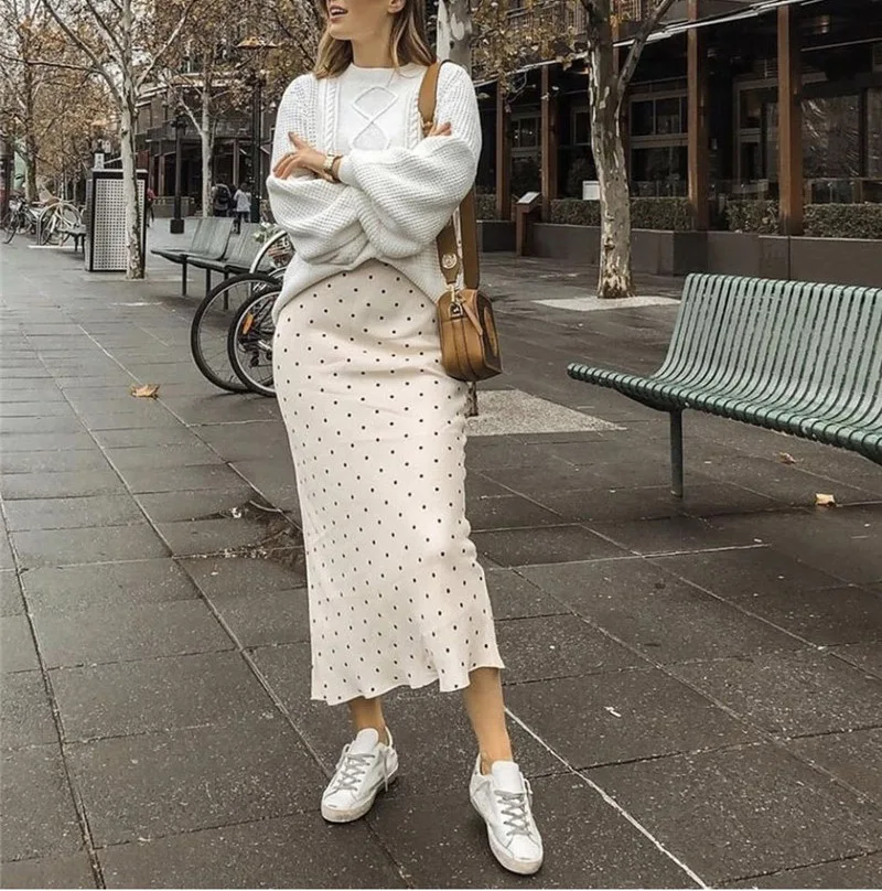 Высококачественная женская шелковая юбка 100% в горошек с эластичной завышенной