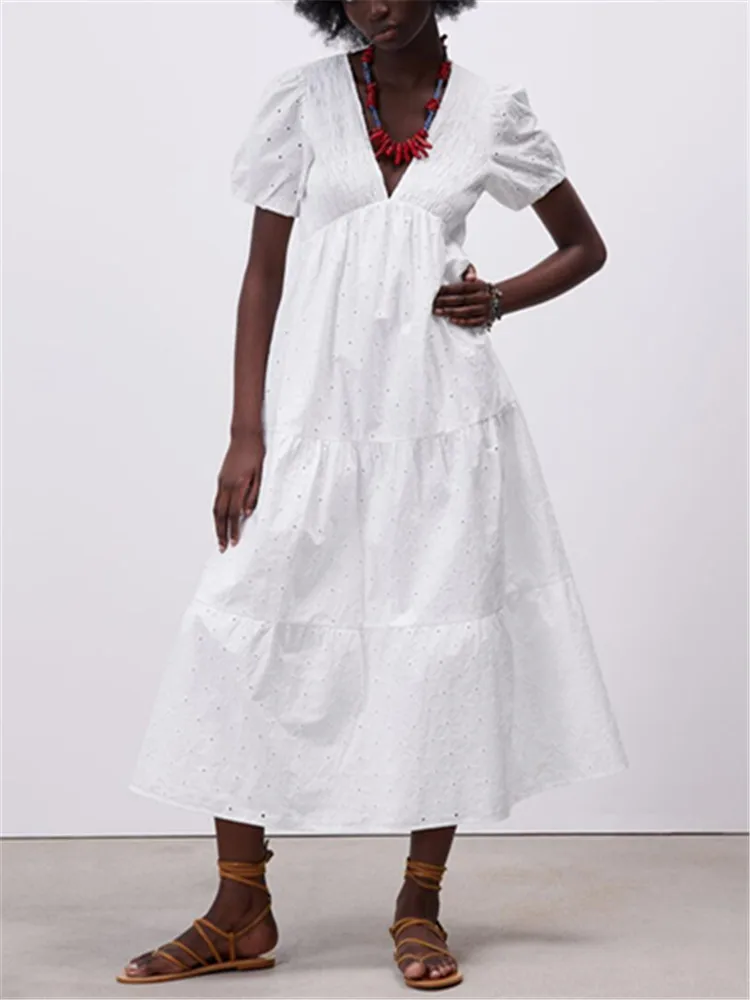 Женское длинное хлопковое платье ZA летнее сказочное с V-образным вырезом и