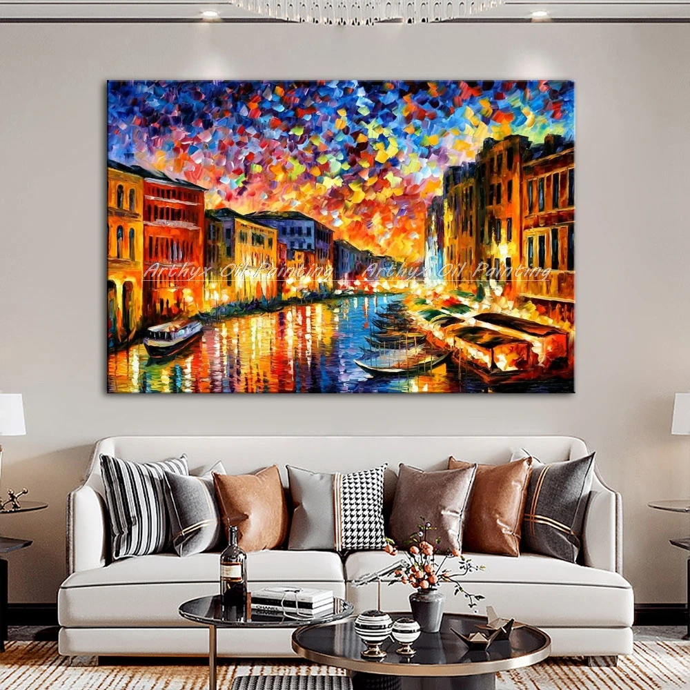 100% ручная роспись абстрактные городские лодки палитра нож Толстая картина