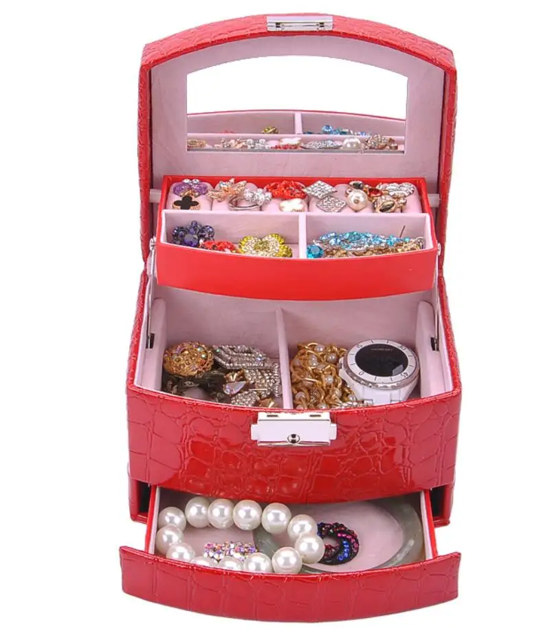 

Fashion European Crocodile Pattern Three-tier Jewelry Box Multideck Storage Leather Jewelry Storage Box With Lock Jewel Casket