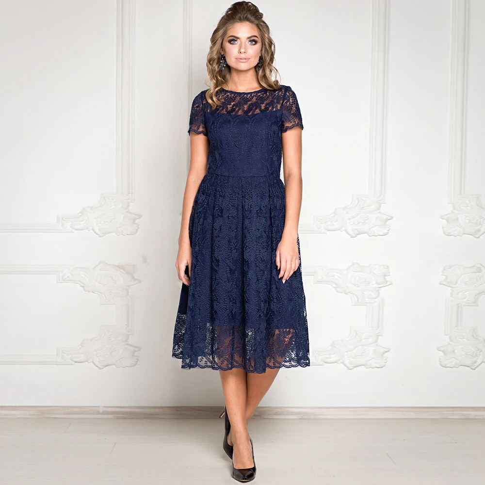 

Short Sleeve Lace A-Line Tea-Length Scoop Mother Formal Dresses Illusion Deep Blue Robe De Soirée Femme Zipper Back Party Gown