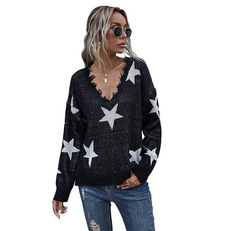 

Fashion new European and American tassel stars casual loose V-neck versatile knitted sweater