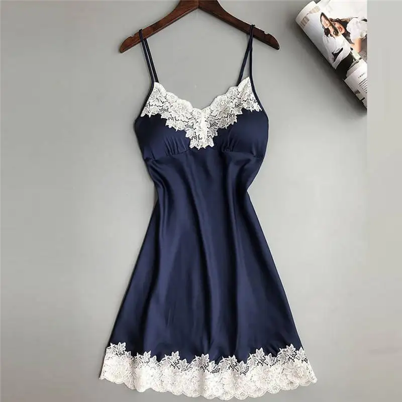Sexy Women lingerie Sleepwear Dress Women's Dark Blue Satin Lace Comfortable Lingerie Silky Underwear Nightdress Pijamas 661SQ10 | Женская